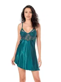 Ahu Lingerie Dantelli Petrol Kısa Saten Gecelik Ahu Primoda 8100